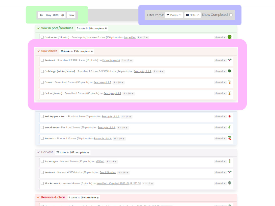 Screenshot of VegPlotter's Garden Planning software showing the My Jobs and Tasks page